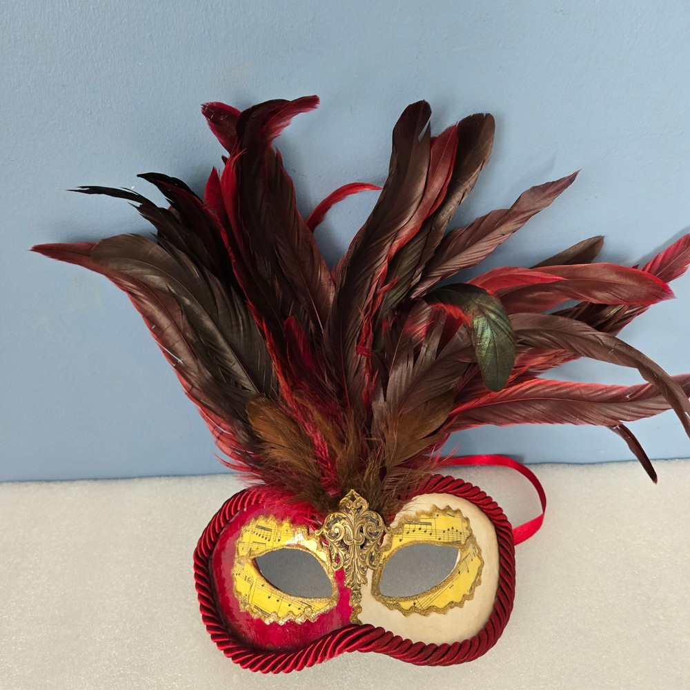 Bertolini Venetian Masquerade Mask Red Cream Sheet Music Feathers Italy Handmade